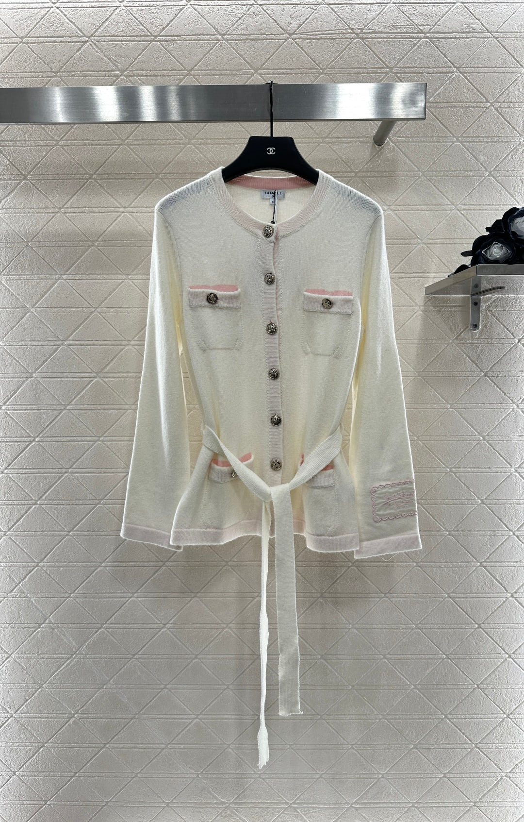 Contrast-Color Belted Knit Cardigan
