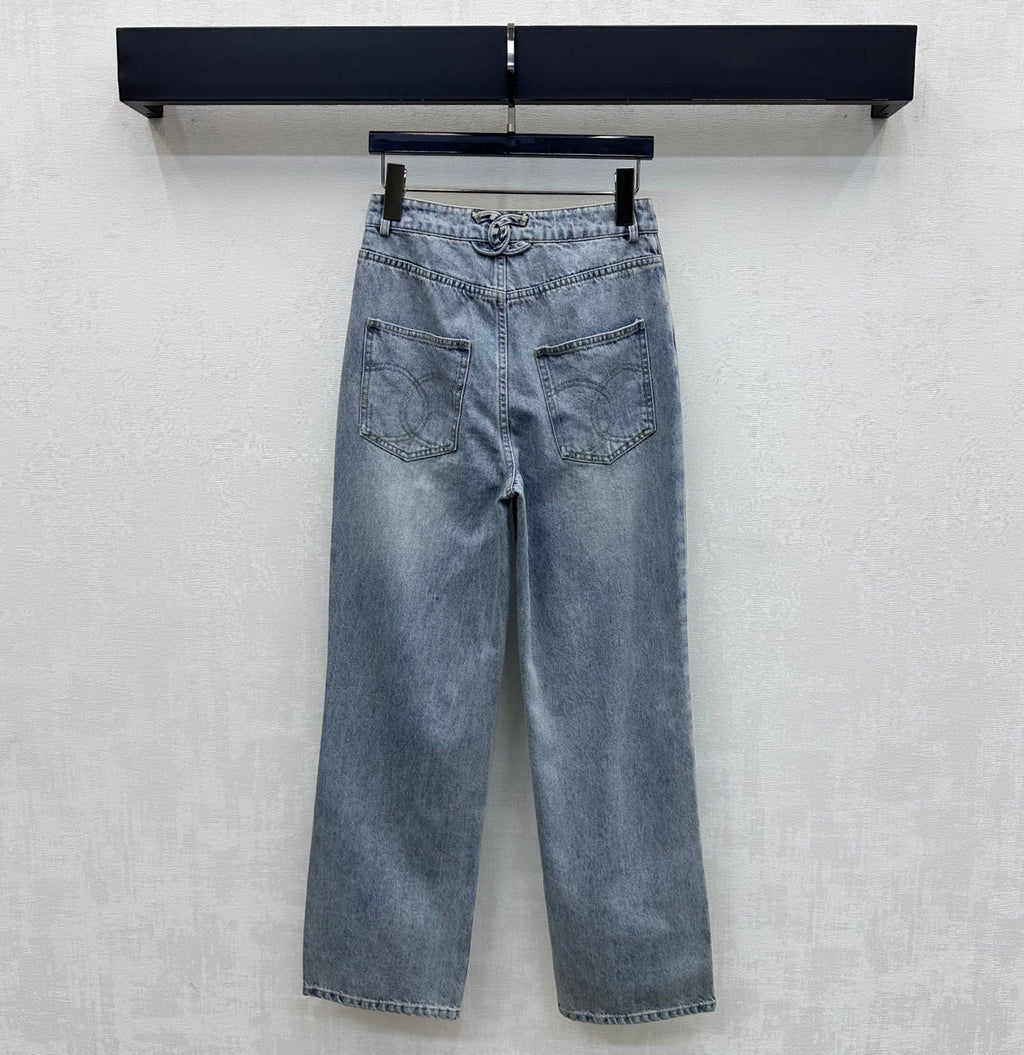 Embroidered Straight-Leg Denim Pants