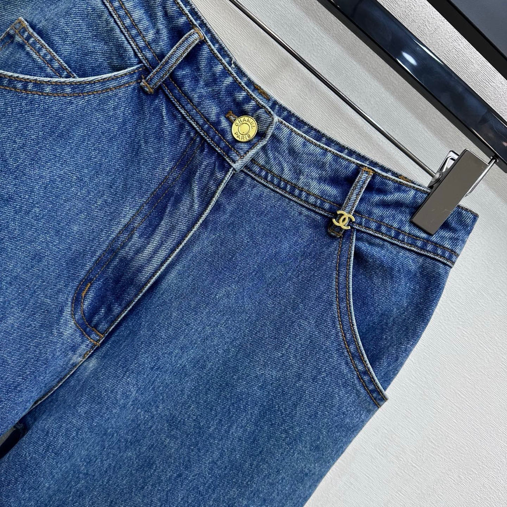 Chanel/Embroidered Straight-Leg Denim Trousers