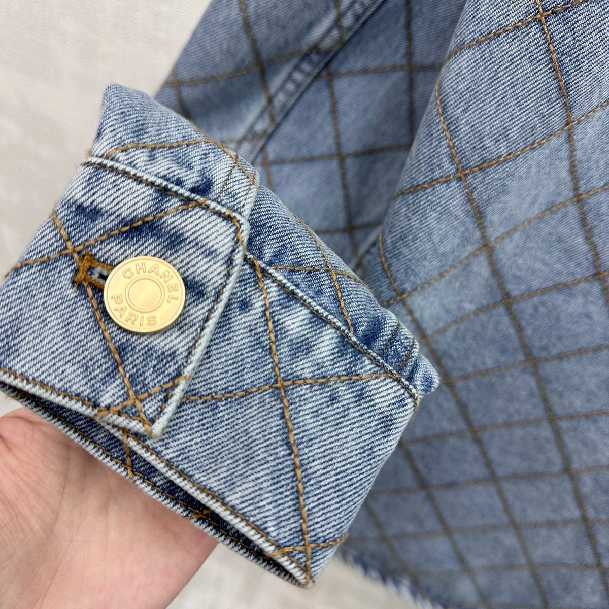 Chanel/Diamond-Quilted Denim Shirt with Collar