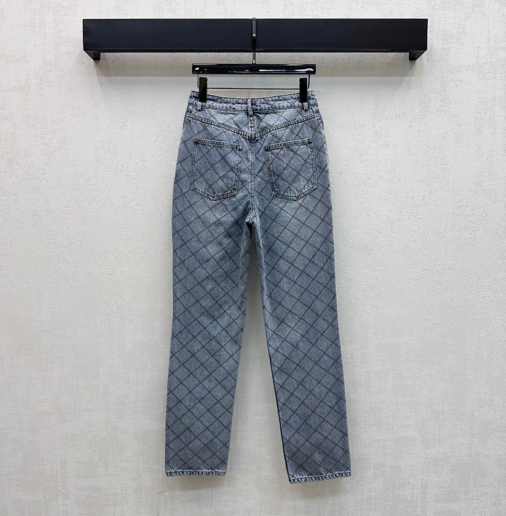 Chanel/Quilted Denim Trousers with Chain Detail