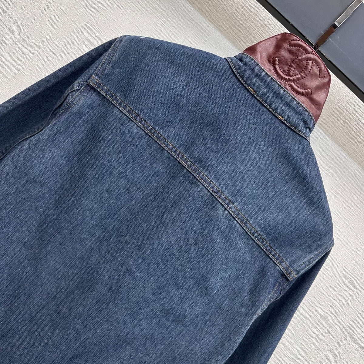 Chanel/Leather-Collared Denim Shirt-Jacket