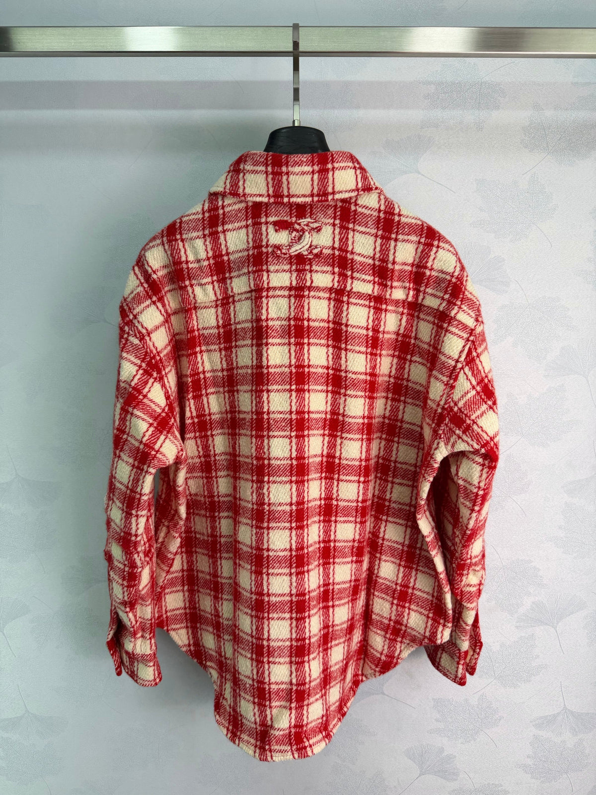 Red and White Check Wool-Blend Shirt Jacket