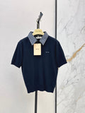 Short-Sleeve Knit Top with Plaid Collar