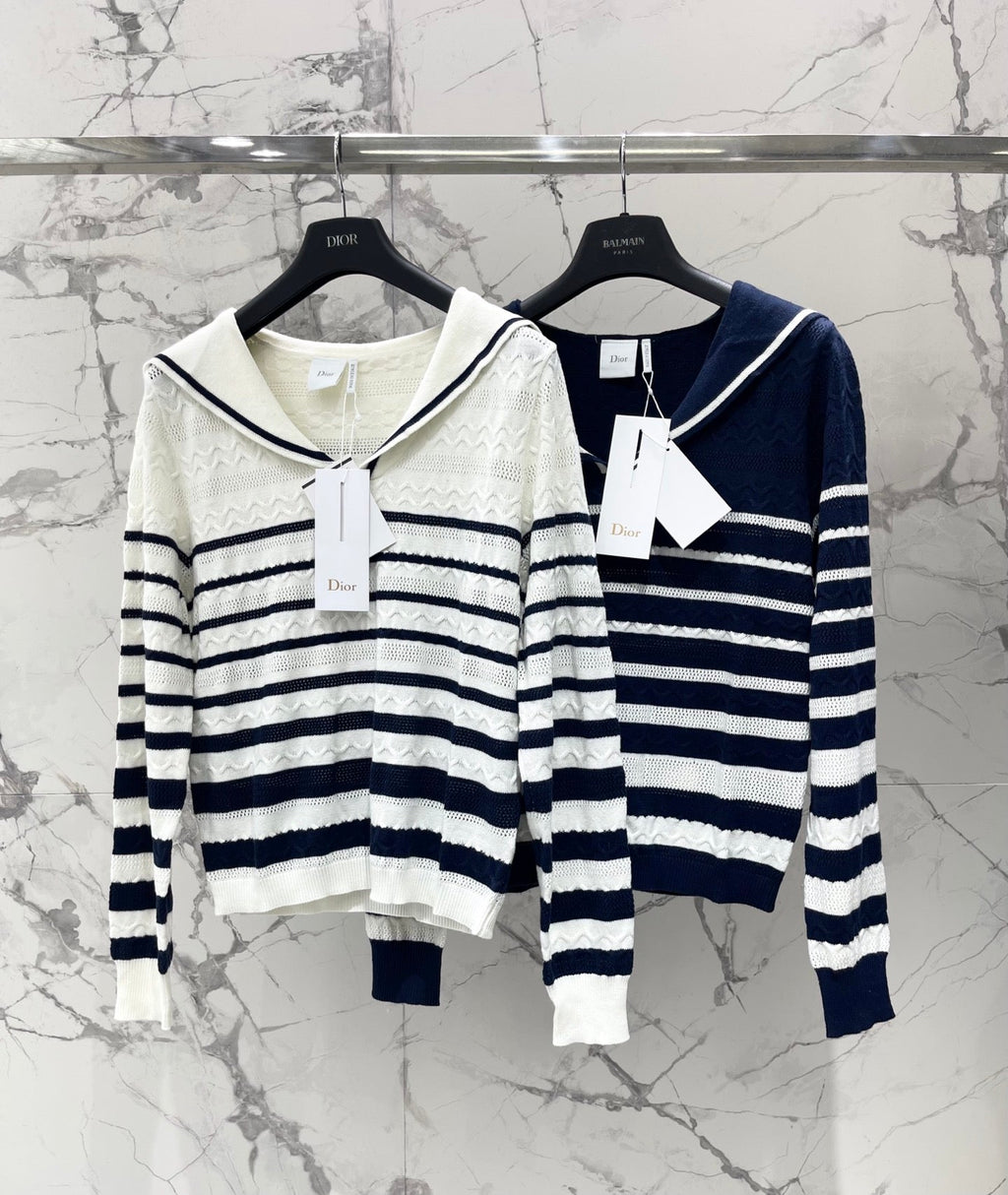 Striped Knit Top with a Sailor Collar