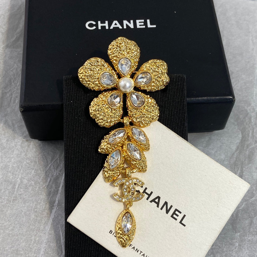 Golden Flower Petal and Marquise-Cut Stone Brooch