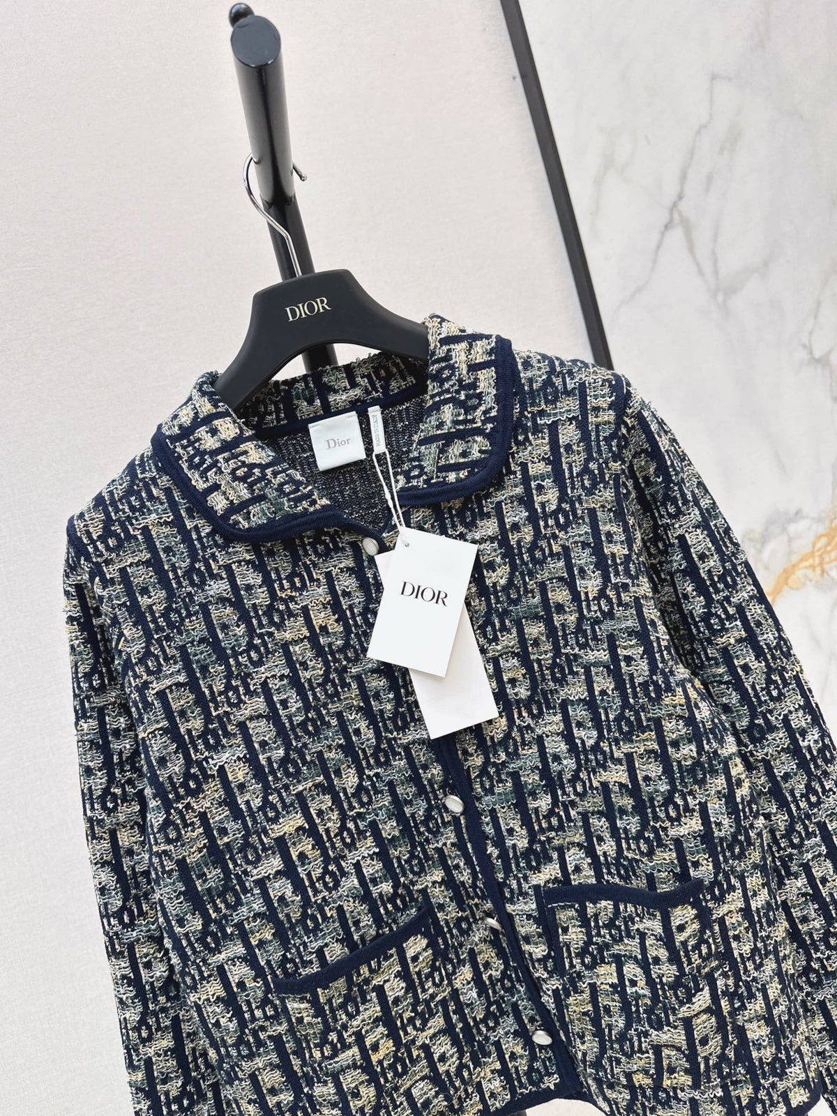Jacquard-Knit Collared Cardigan