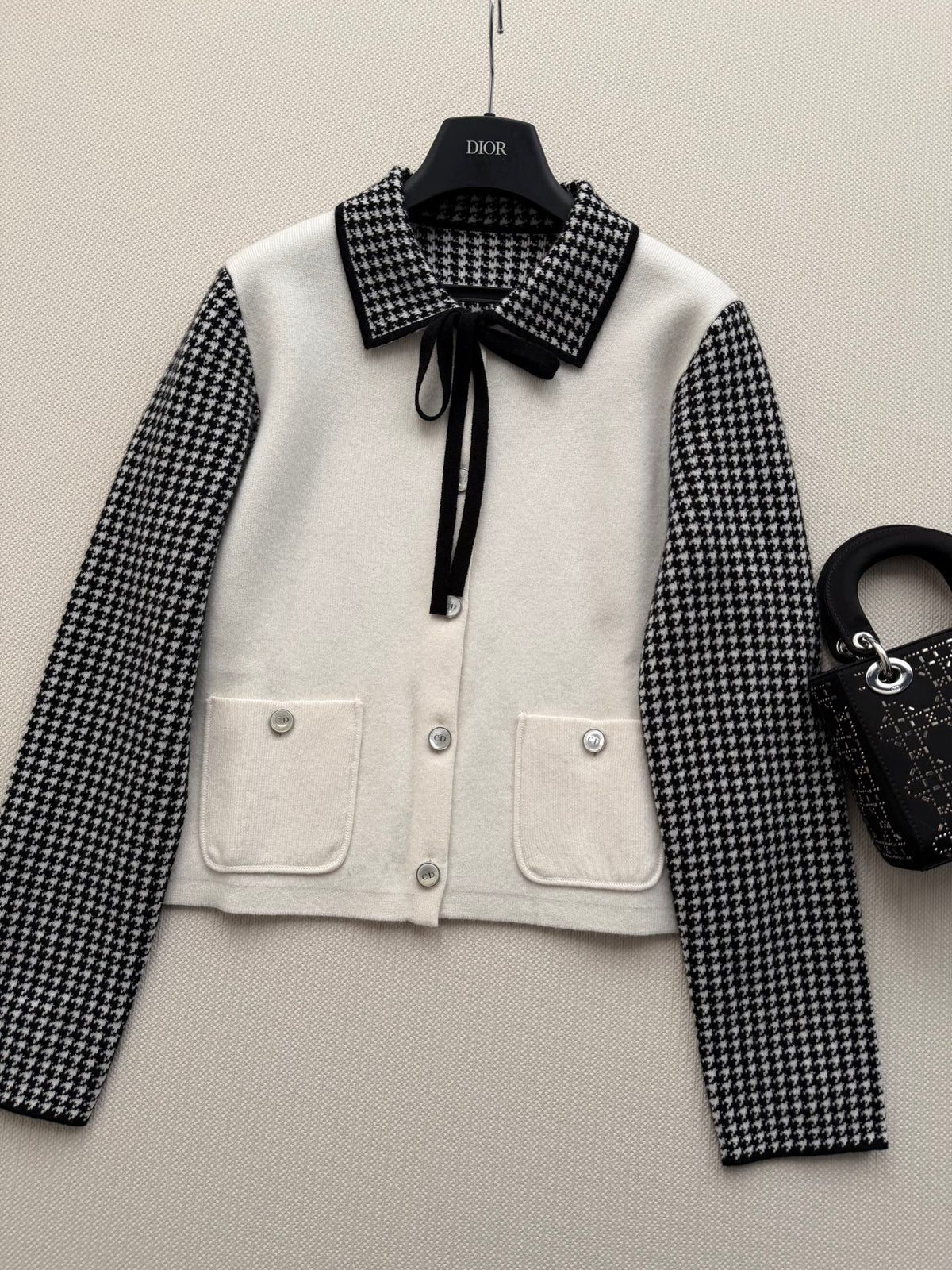 Classic Black & White Houndstooth Knit Jacket