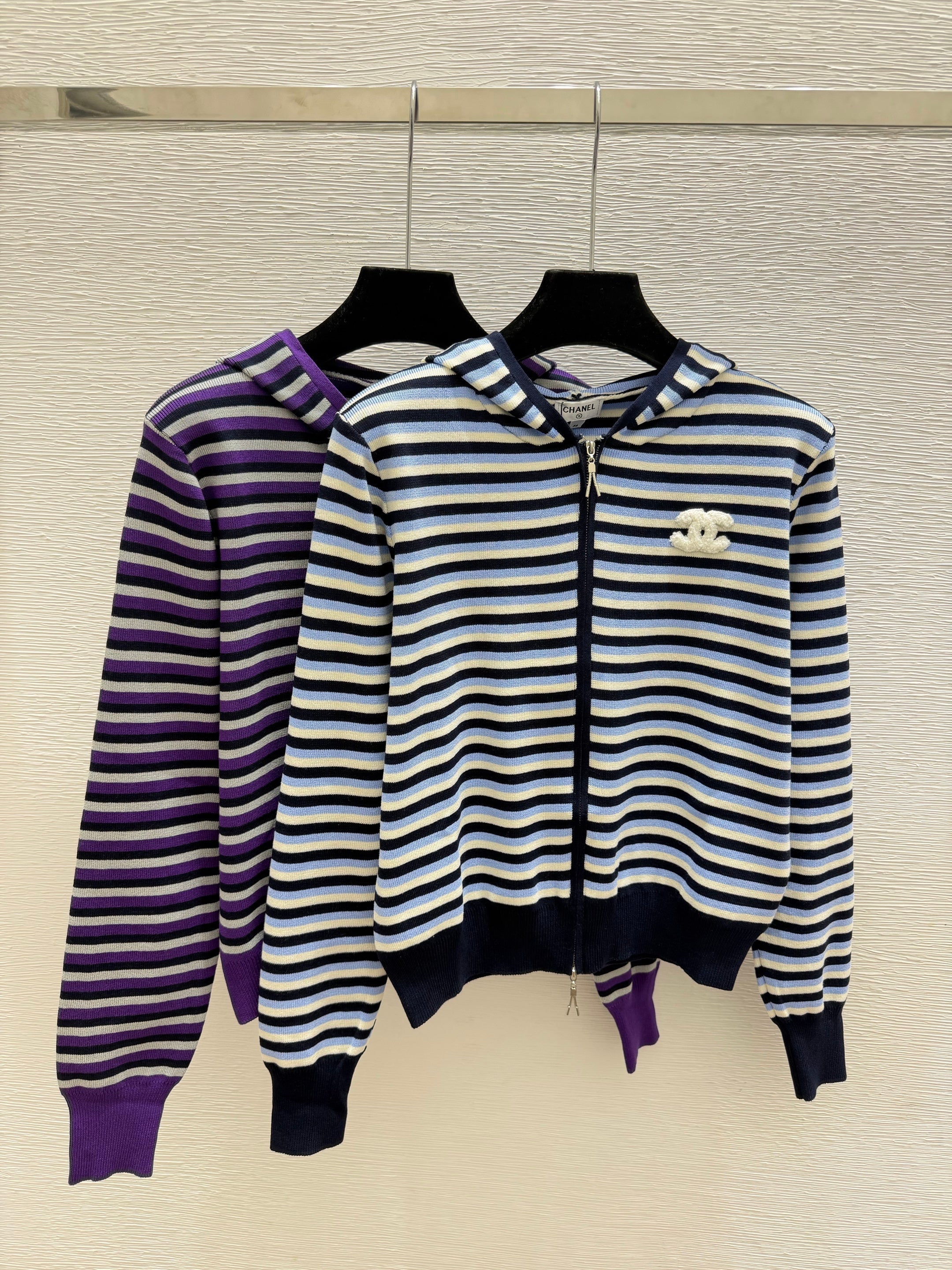 chanel/26 New Double C Stripe Hoodie Knit Cardigan