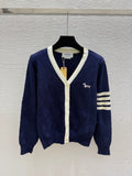 Thom Browne/26 New Puppy Embroidered Four-Bar V-Neck Cable Knit Cardigan