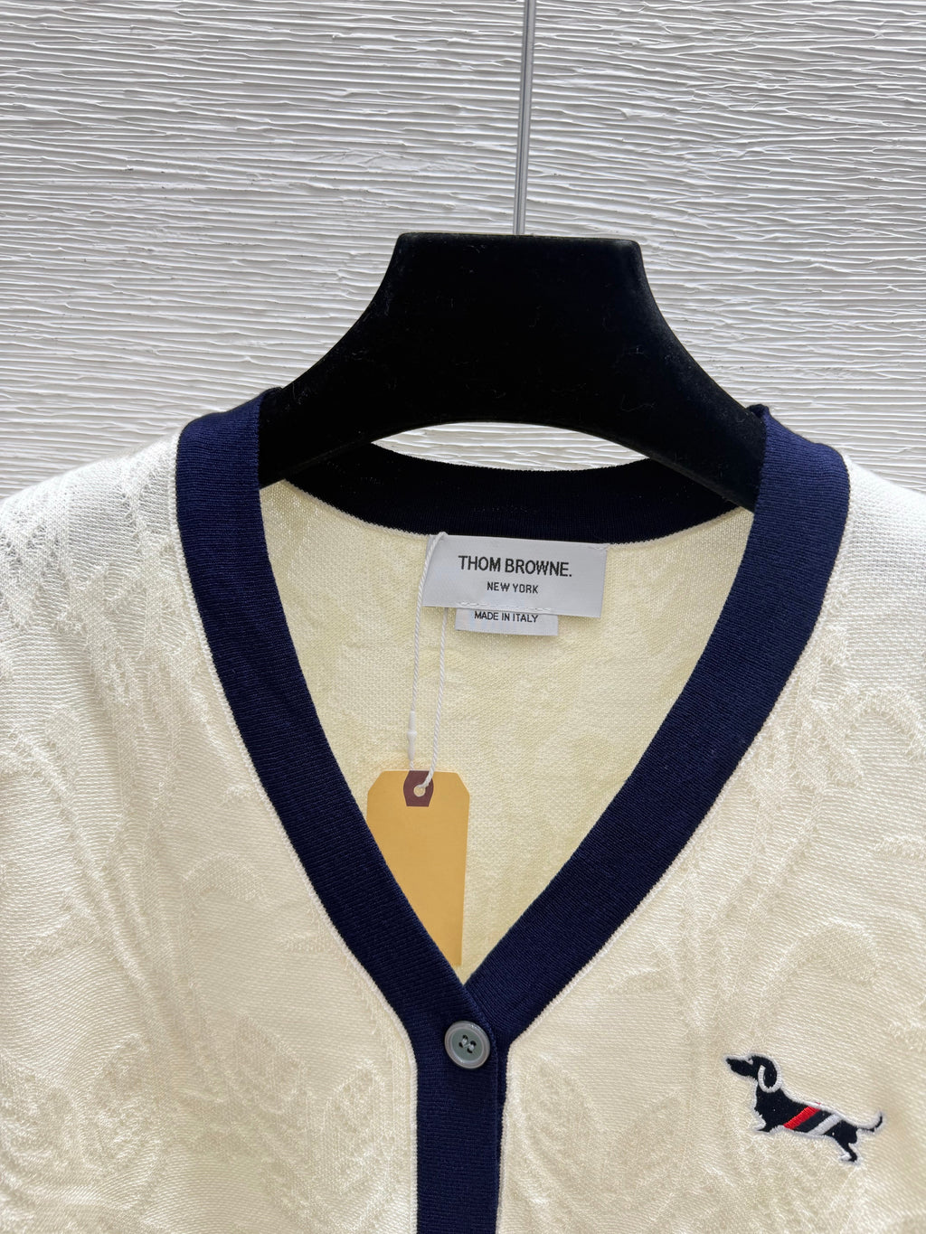 Thom Browne/26 New Puppy Embroidered Four-Bar V-Neck Cable Knit Cardigan