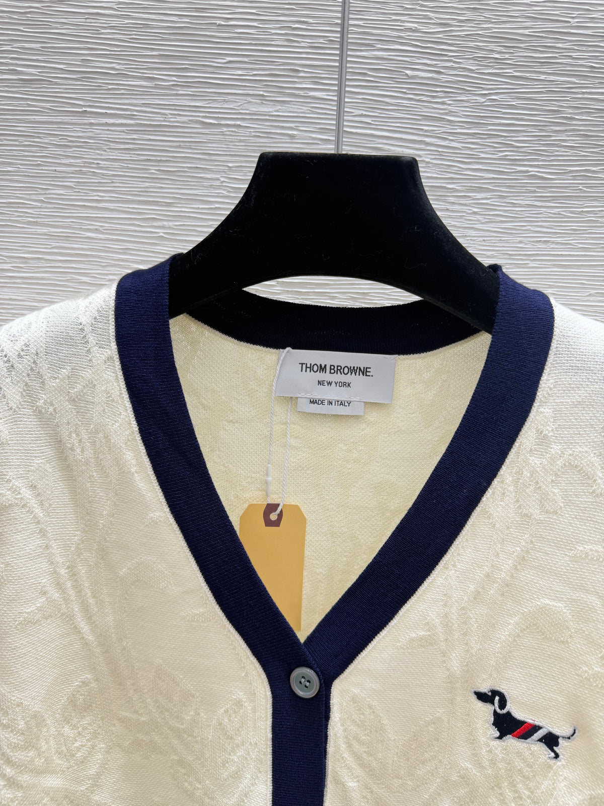 Thom Browne/26 New Puppy Embroidered Four-Bar V-Neck Cable Knit Cardigan