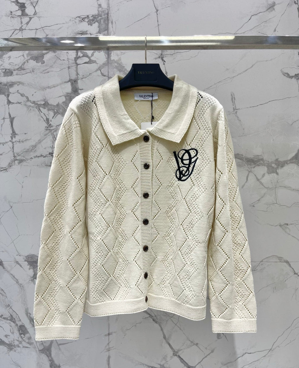 Valentino/26 New Simple Turn-Down Collar Hollow Crochet Knit Cardigan