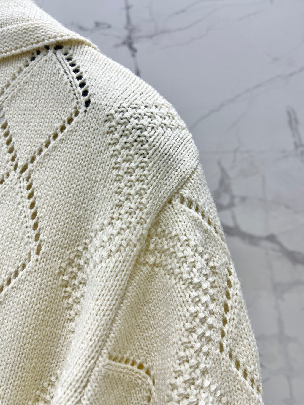 Valentino/26 New Simple Turn-Down Collar Hollow Crochet Knit Cardigan