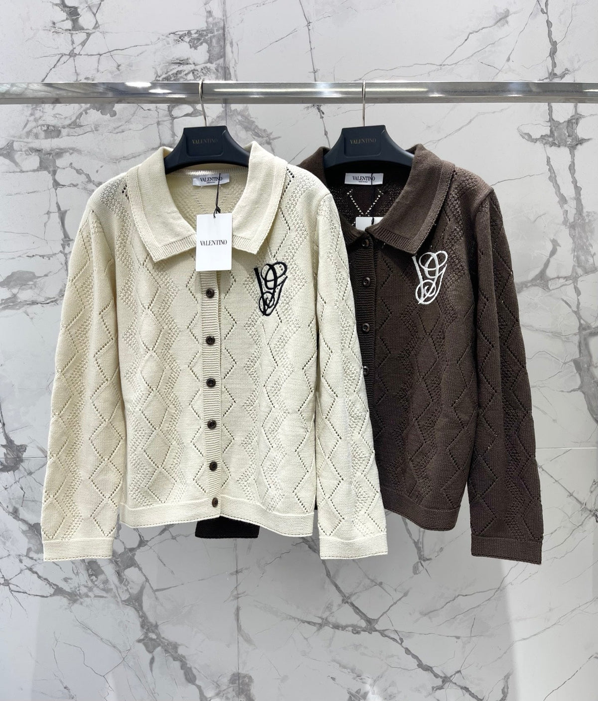 Valentino/26 New Simple Turn-Down Collar Hollow Crochet Knit Cardigan