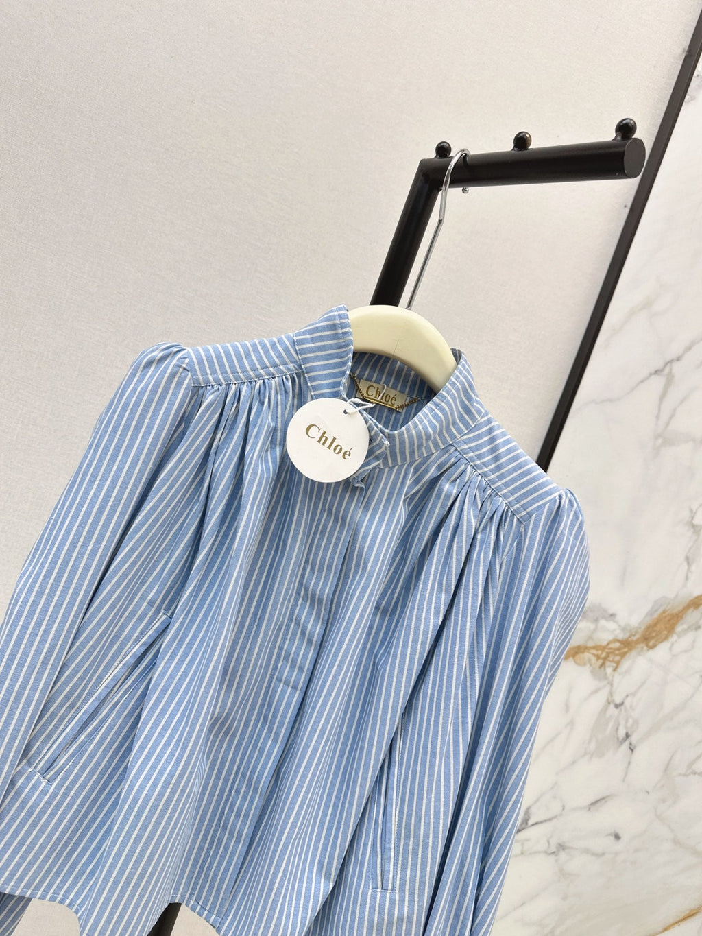 Chloé / 26 Early Autumn Latest Stand Collar Pleated Design Striped Shirt