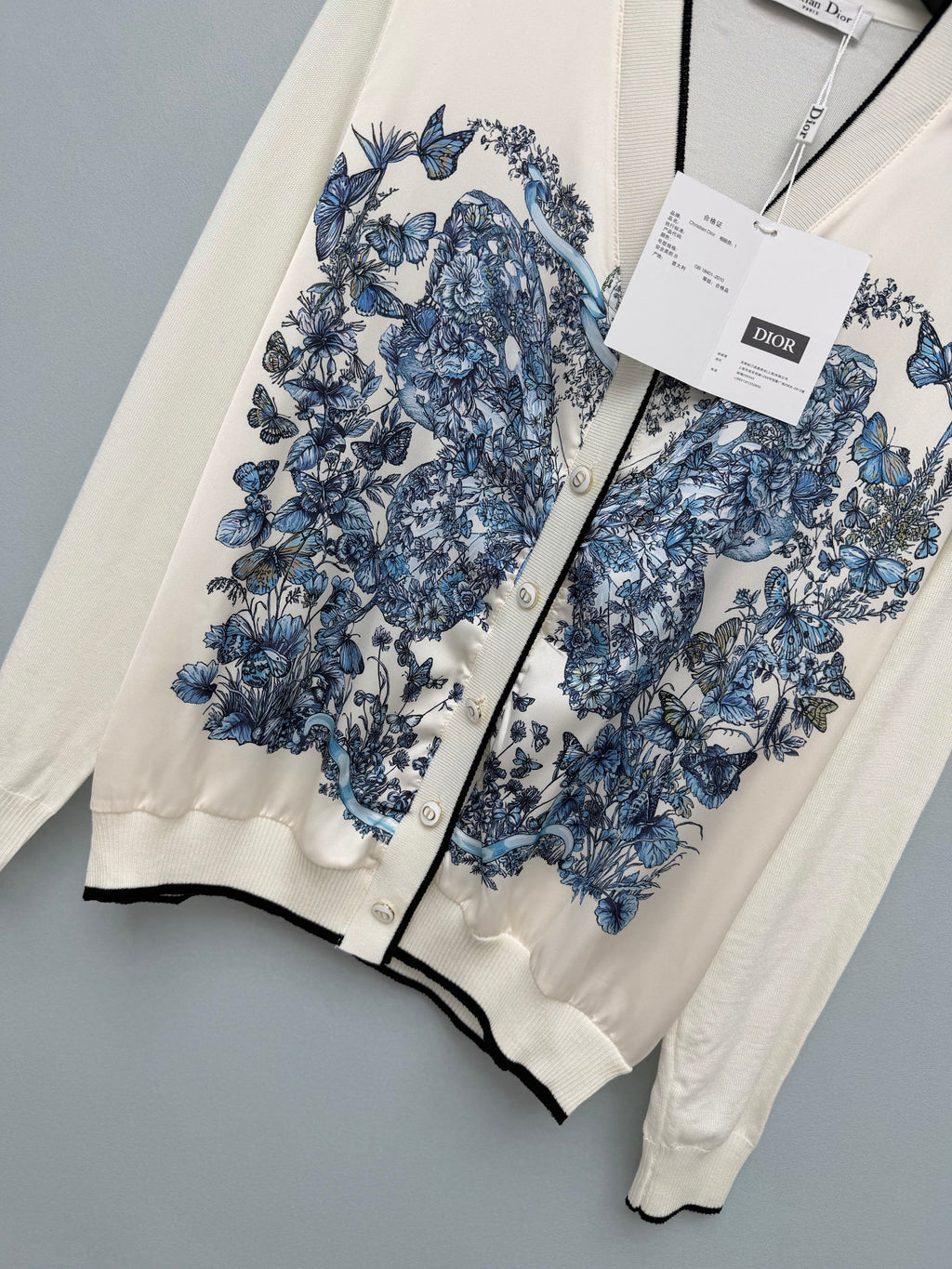 Dior / New Blue Butterfly Floral Satin Paneled Cardigan