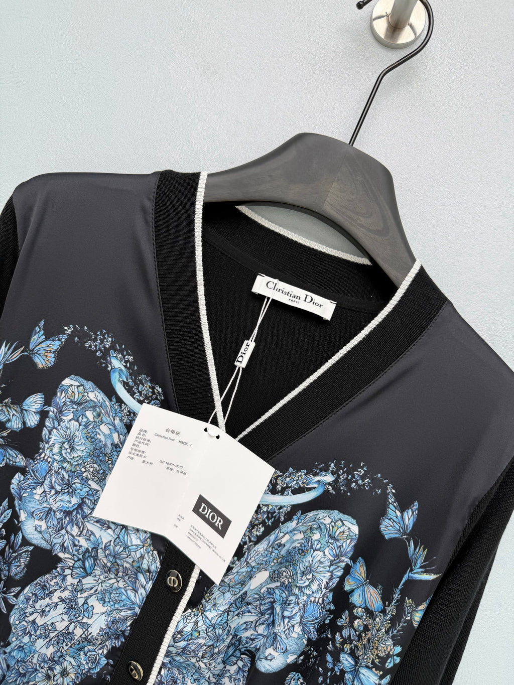 Dior / New Blue Butterfly Floral Satin Paneled Cardigan