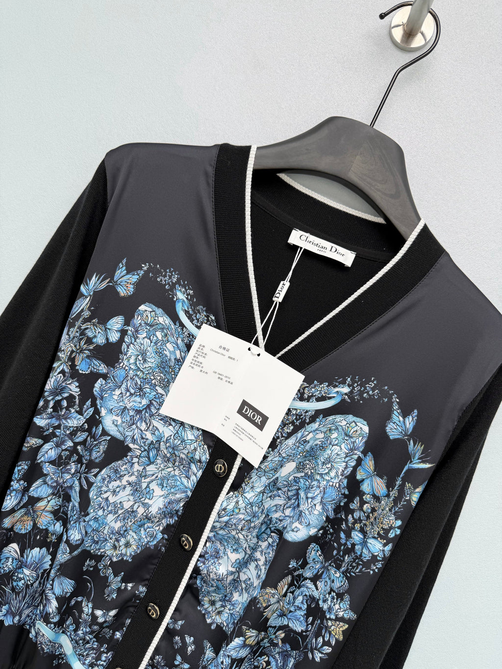 Dior / New Blue Butterfly Floral Satin Paneled Cardigan