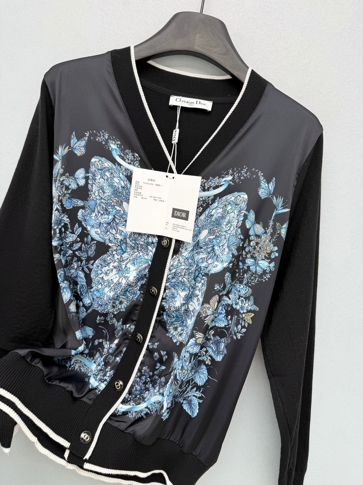 Dior / New Blue Butterfly Floral Satin Paneled Cardigan