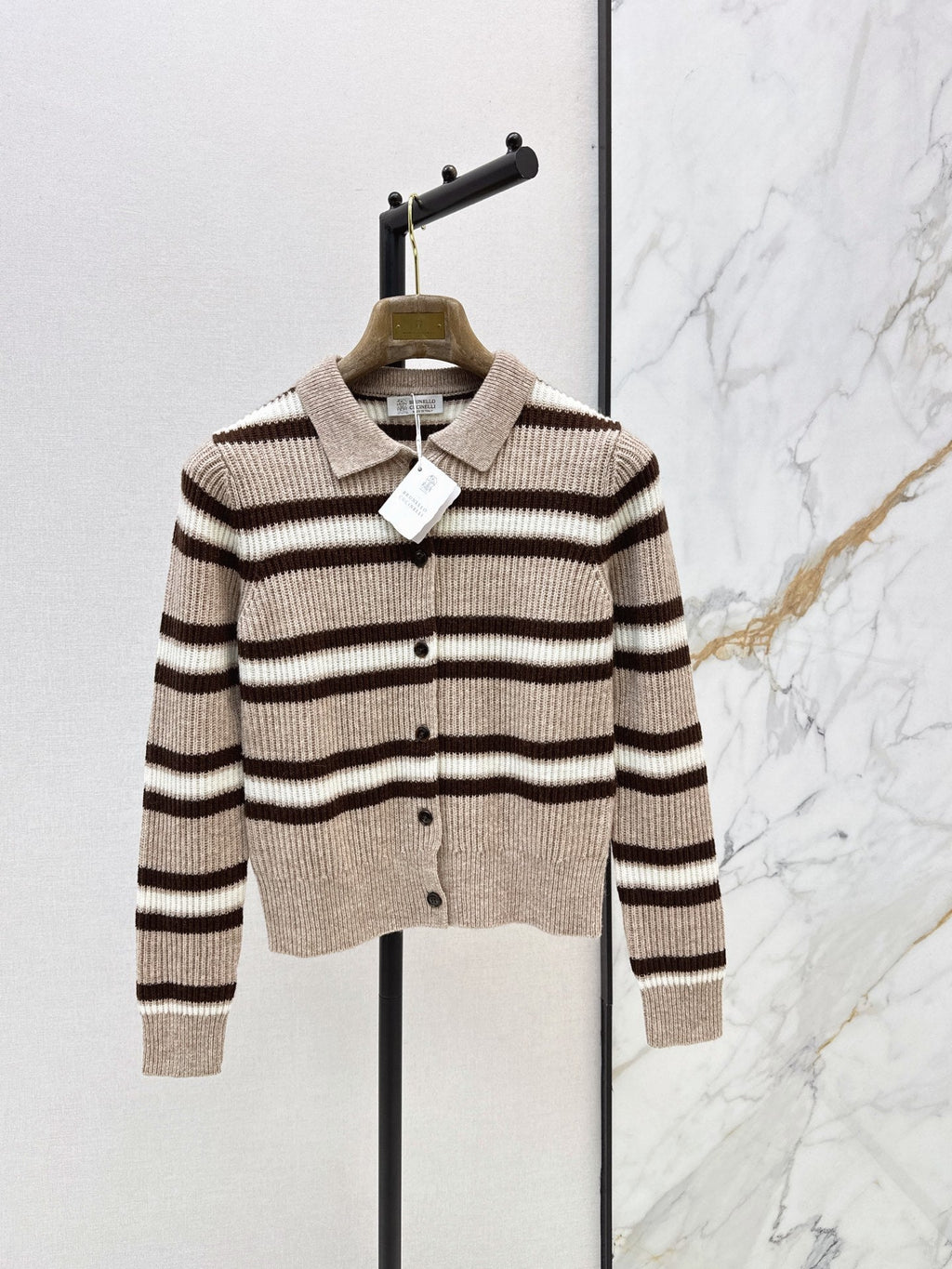 Brunello Cucinelli/26 Early Autumn Latest Color-Block Stripe Collared Cardigan