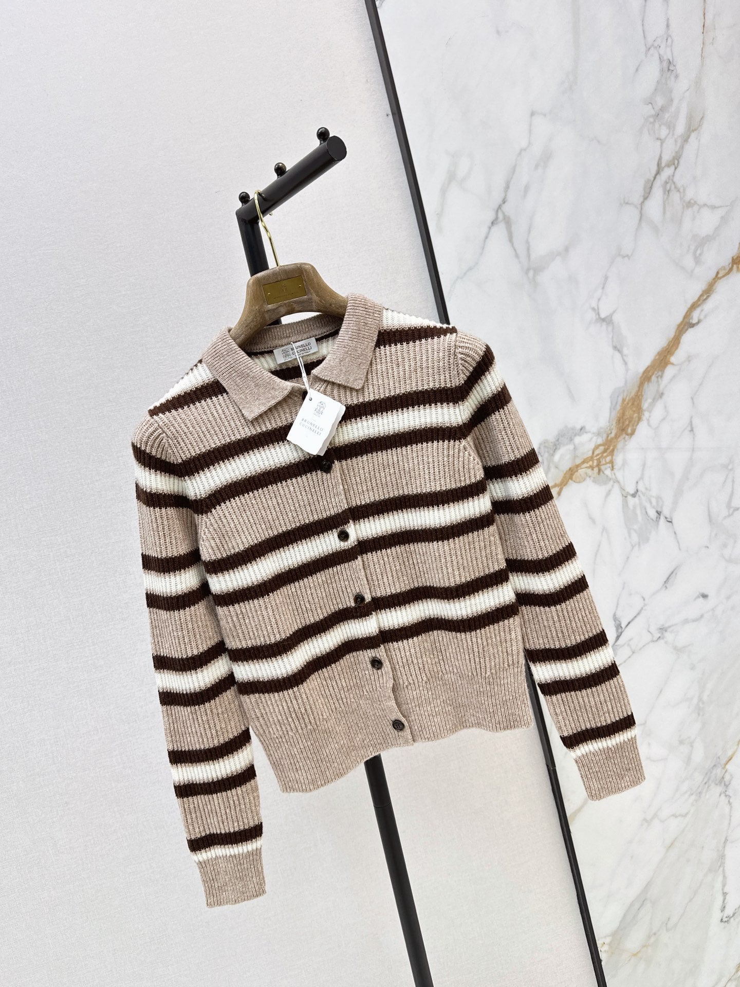 Brunello Cucinelli/26 Early Autumn Latest Color-Block Stripe Collared Cardigan