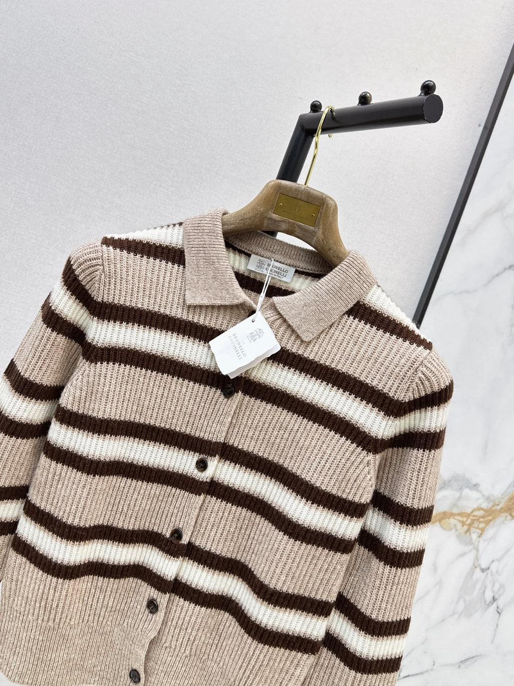Brunello Cucinelli/26 Early Autumn Latest Color-Block Stripe Collared Cardigan
