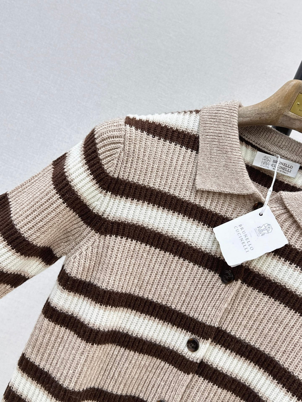 Brunello Cucinelli/26 Early Autumn Latest Color-Block Stripe Collared Cardigan