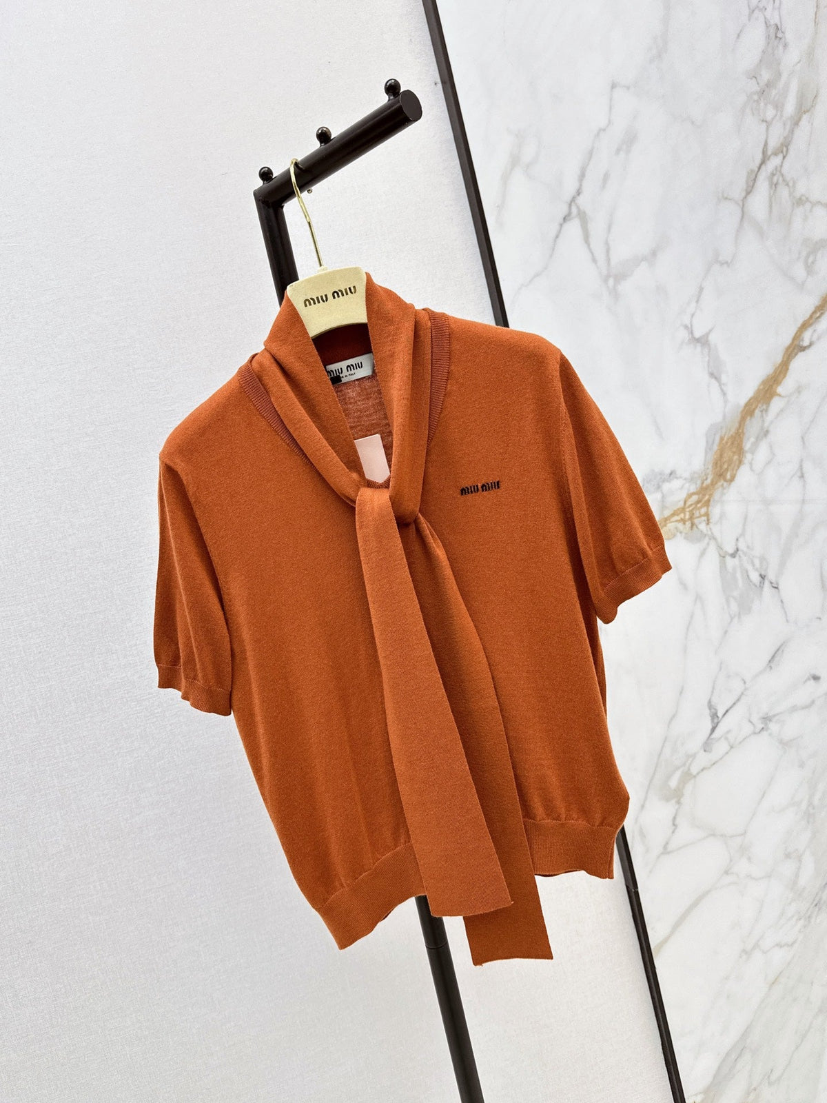 MiuMiu/26 Early Autumn New Caramel Ribbon Short-Sleeve Knit Top