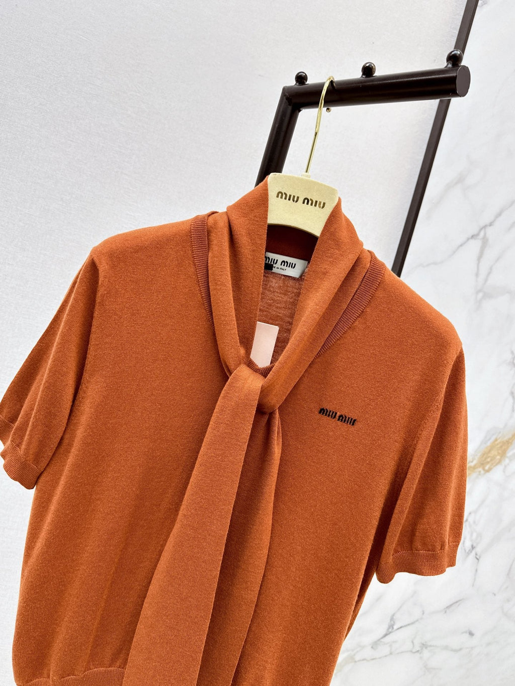 MiuMiu/26 Early Autumn New Caramel Ribbon Short-Sleeve Knit Top