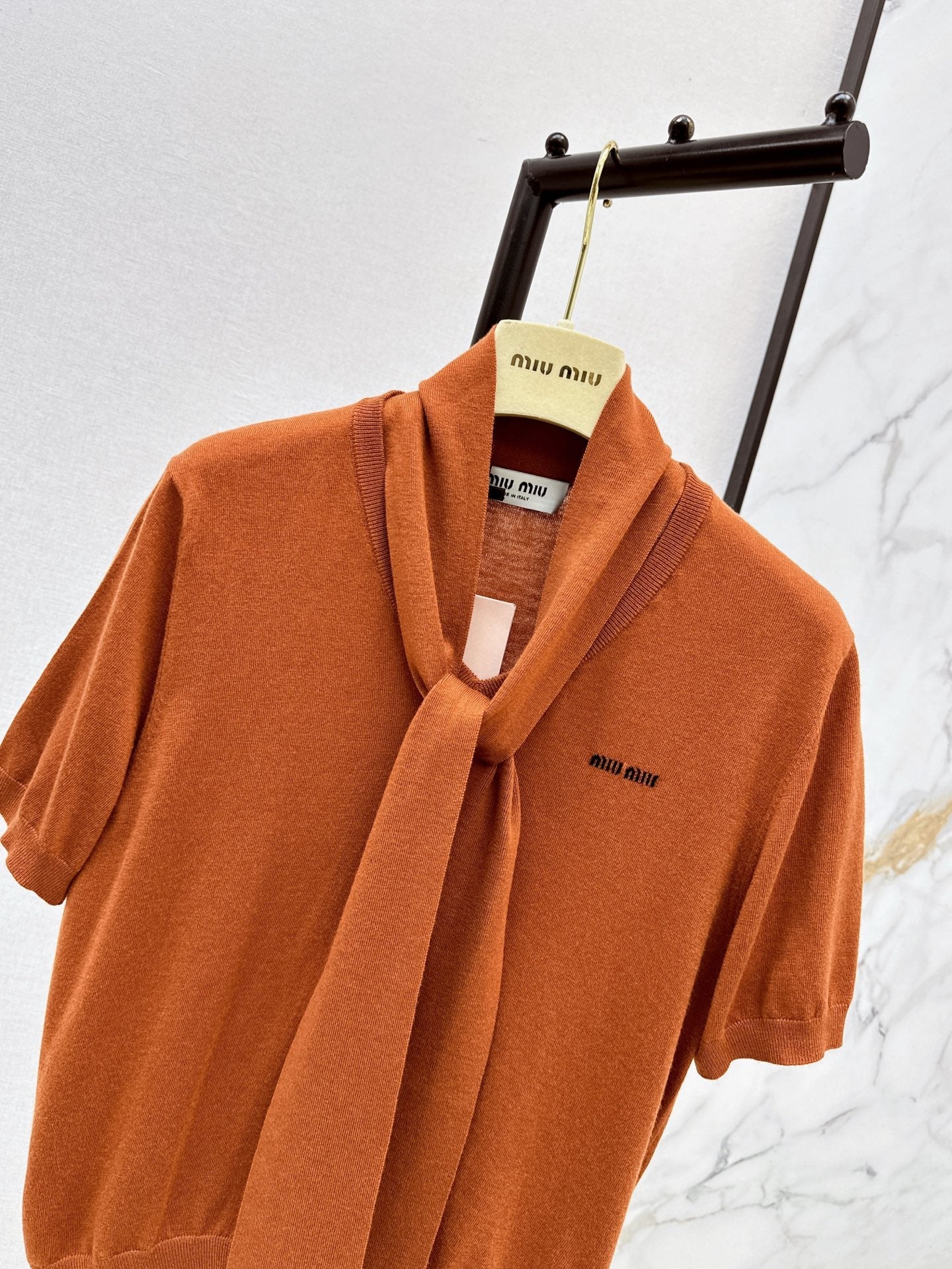 MiuMiu/26 Early Autumn New Caramel Ribbon Short-Sleeve Knit Top