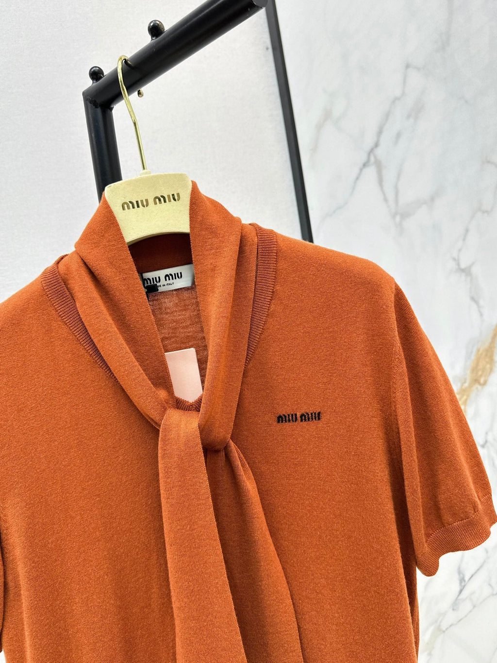 MiuMiu/26 Early Autumn New Caramel Ribbon Short-Sleeve Knit Top