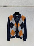 Prada / 26 Early Autumn New Color-Block Quilted V-Neck Knit Long-Sleeve Cardigan