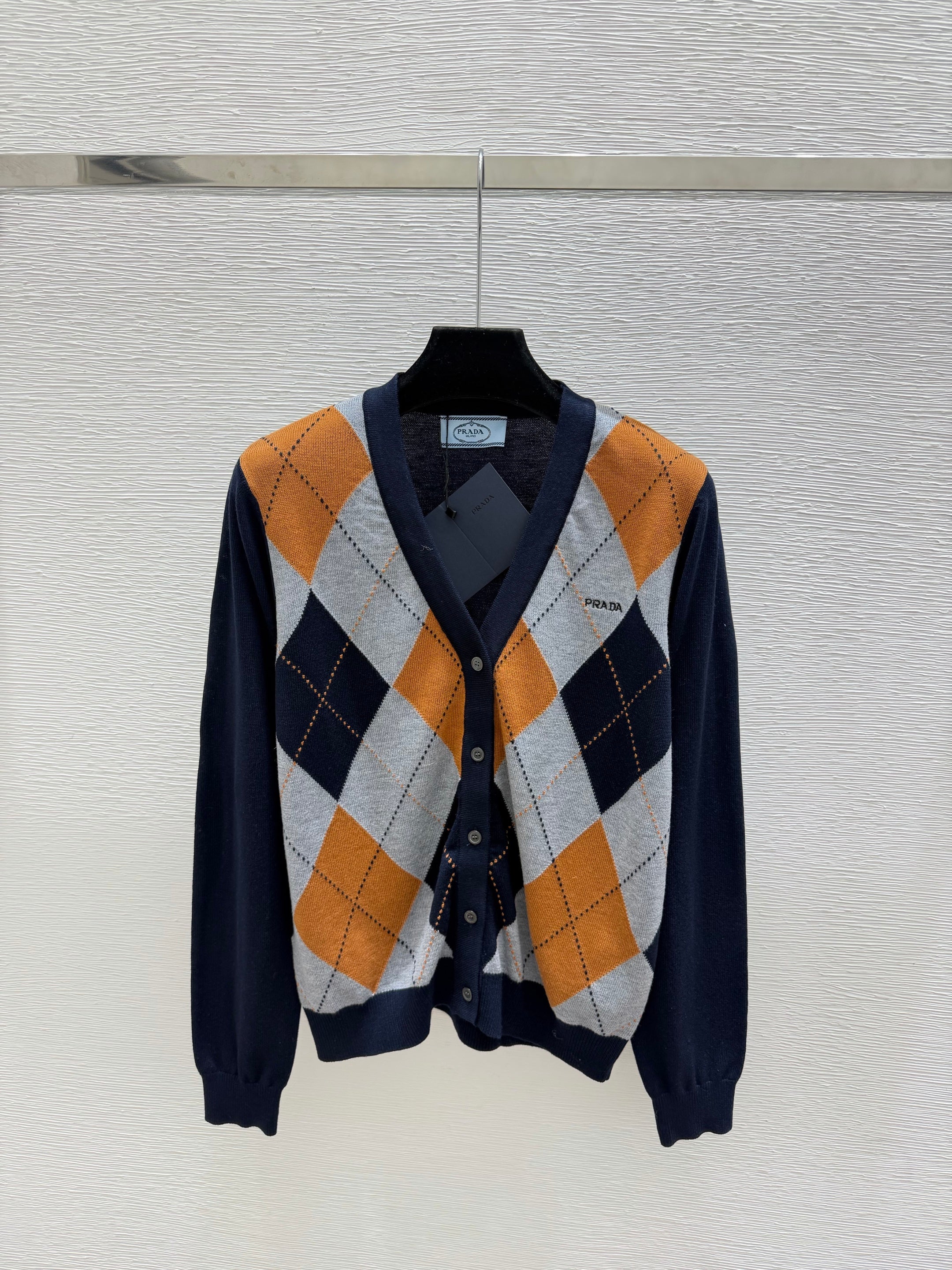 Prada / 26 Early Autumn New Color-Block Quilted V-Neck Knit Long-Sleeve Cardigan