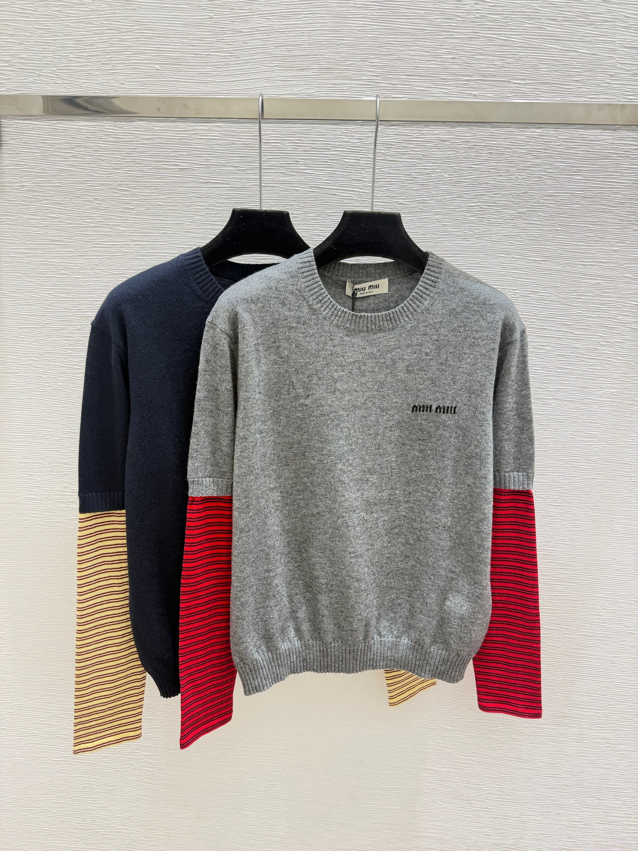 MiuMiu/26 Early Autumn New Colorblock Stripe Crew Neck Knit Long Sleeve