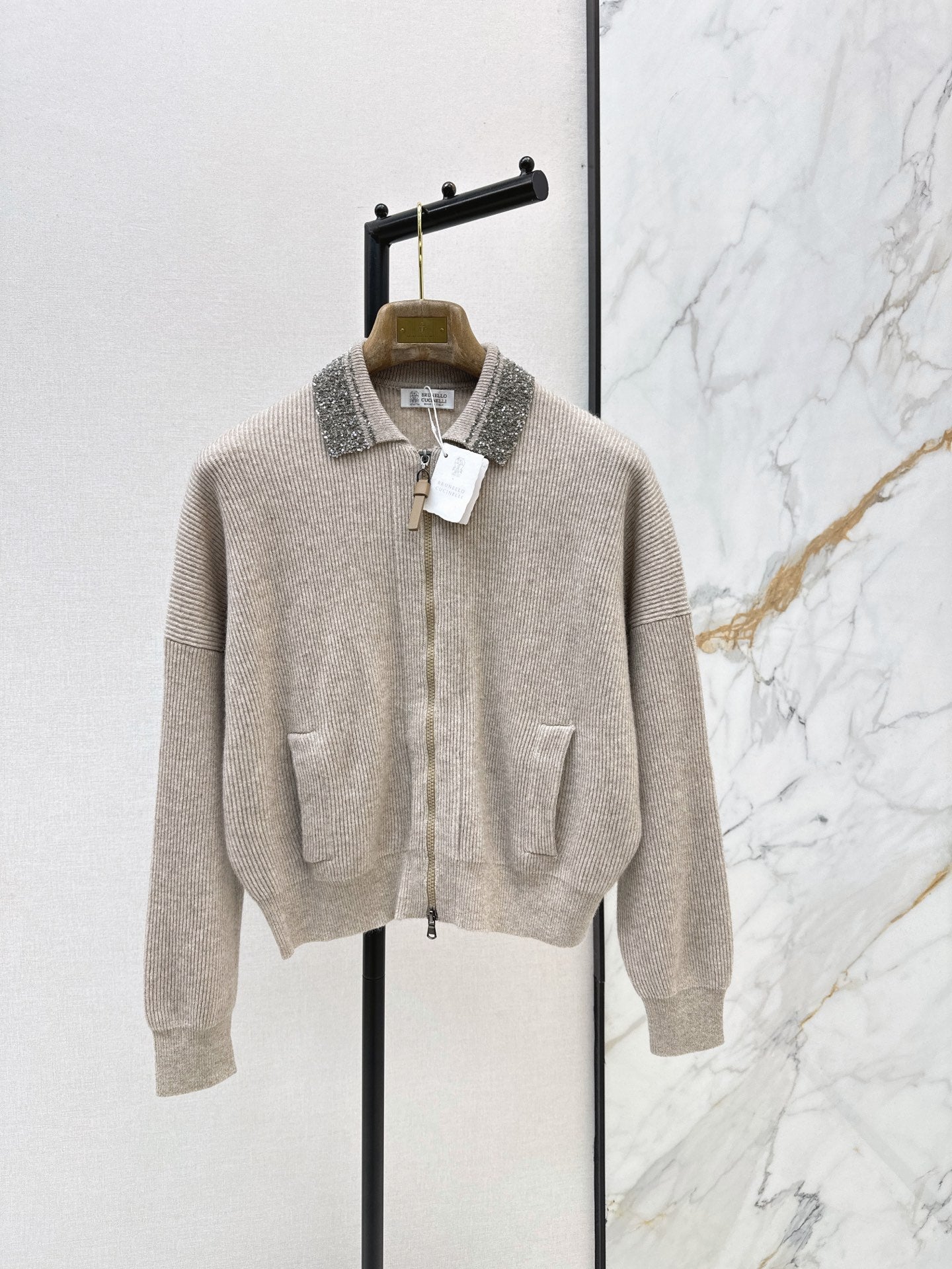 Brunello Cucinelli/26 Autumn/Winter New Pearl-Embellished Collar Knit Cardigan