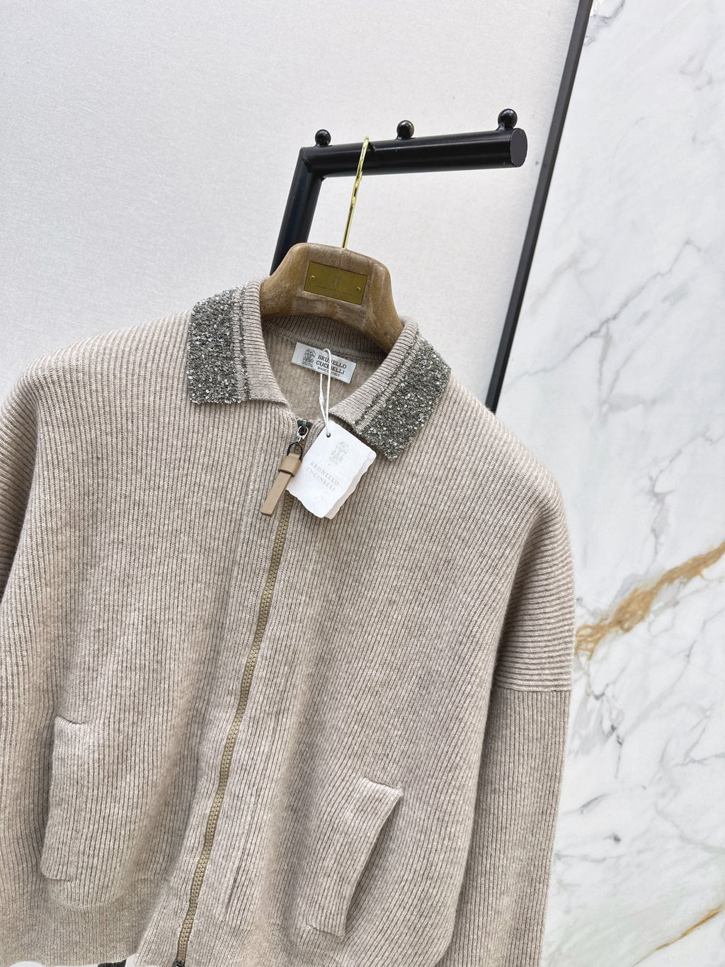 Brunello Cucinelli/26 Autumn/Winter New Pearl-Embellished Collar Knit Cardigan