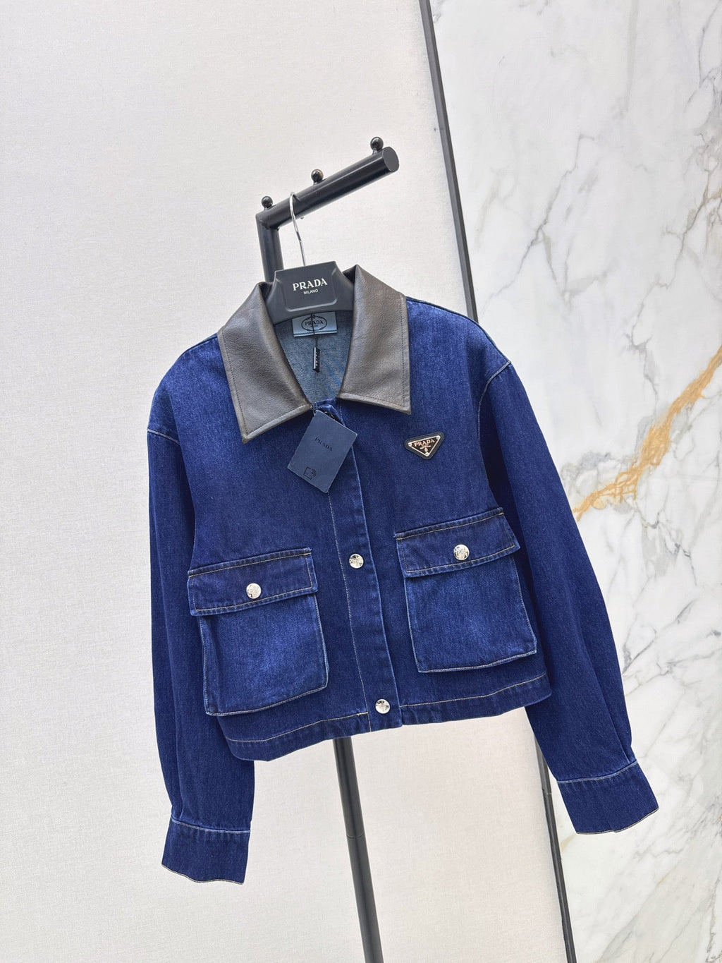 Prada/26 Fall-Winter New Color-Block Denim Jacket with Turn-Down Collar