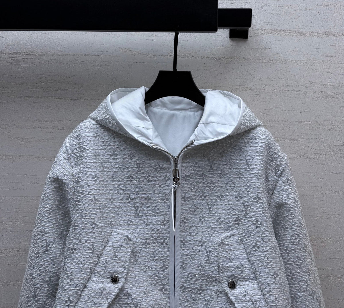 Louis Vuitton/26 Early Autumn Collection Light Gray Tweed Hoodie Zip Jacket