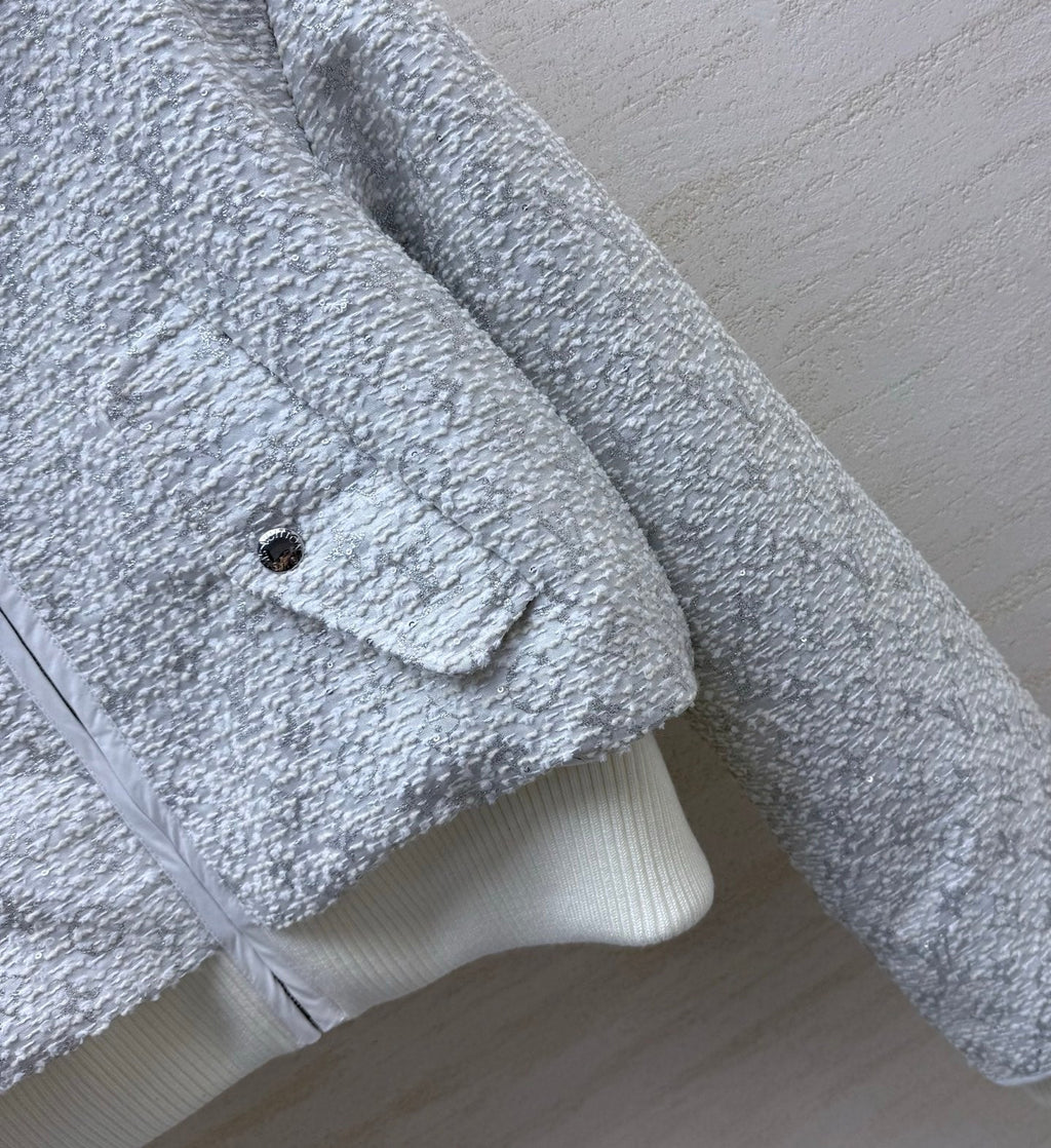 Louis Vuitton/26 Early Autumn Collection Light Gray Tweed Hoodie Zip Jacket
