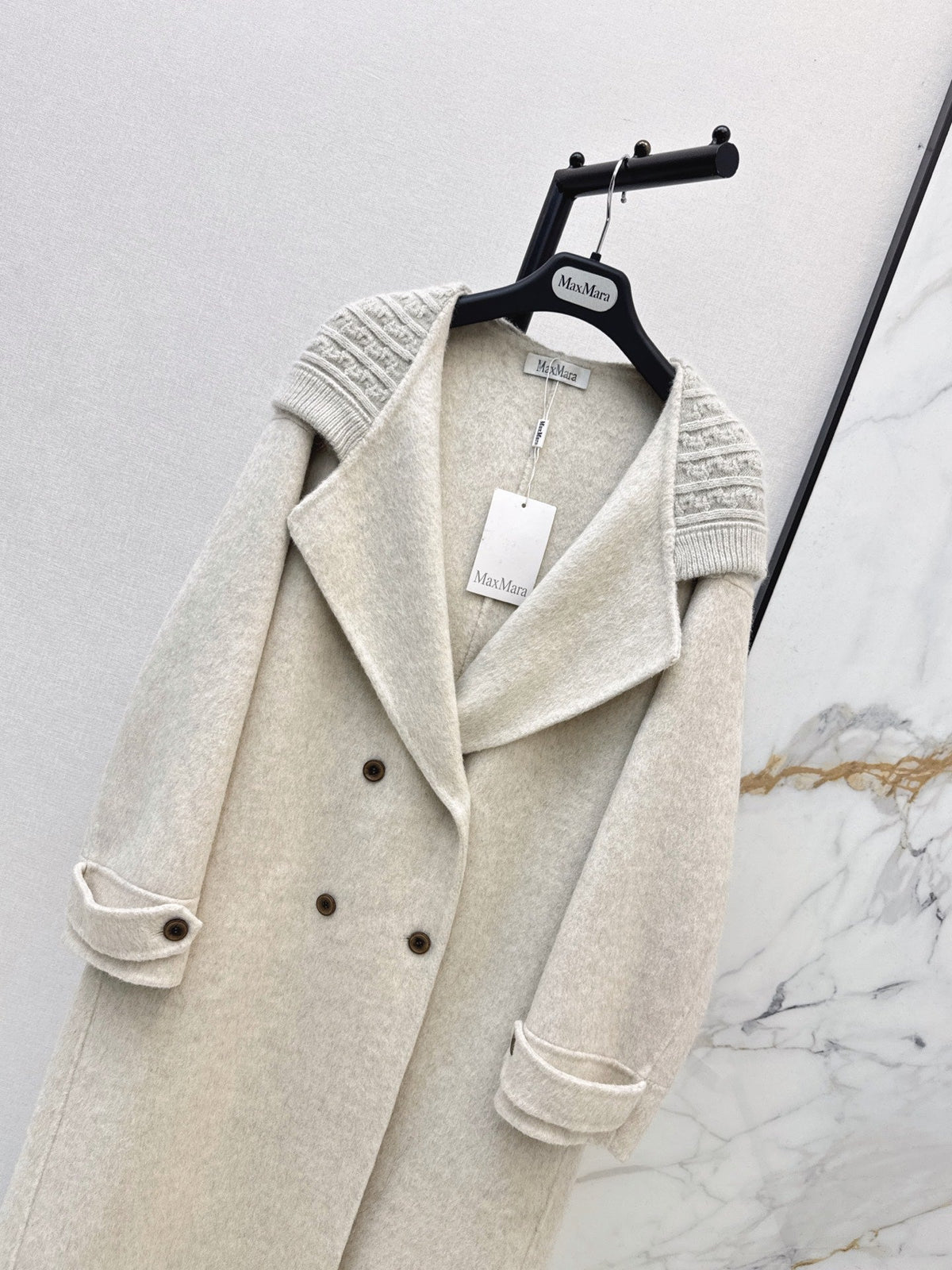 26 Fall/Winter New Knit Patchwork Mid-Length Hooded Wool Double-Faced Coat