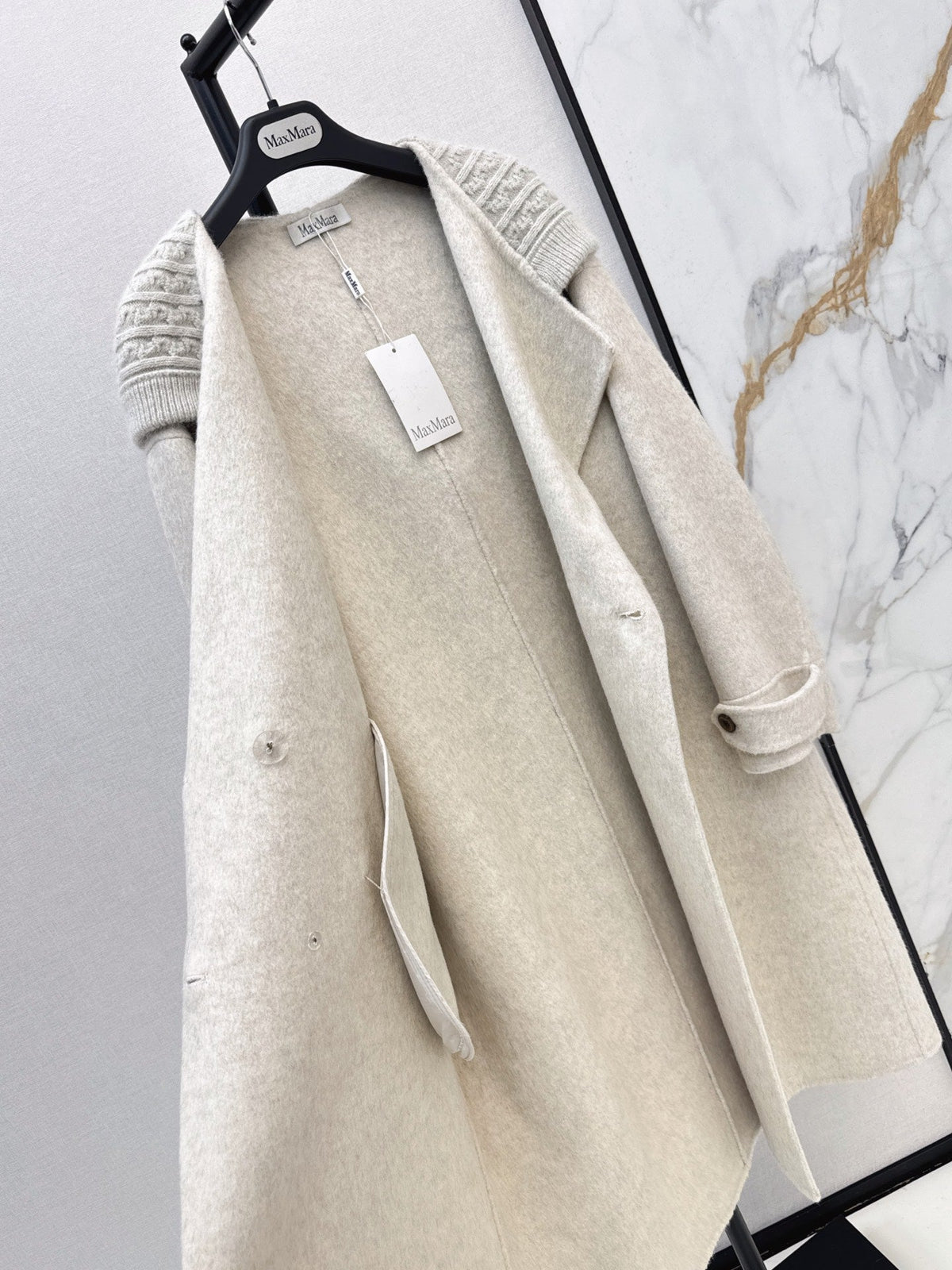 26 Fall/Winter New Knit Patchwork Mid-Length Hooded Wool Double-Faced Coat