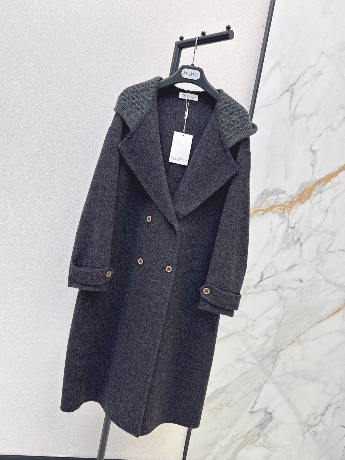 26 Fall/Winter New Knit Patchwork Mid-Length Hooded Wool Double-Faced Coat