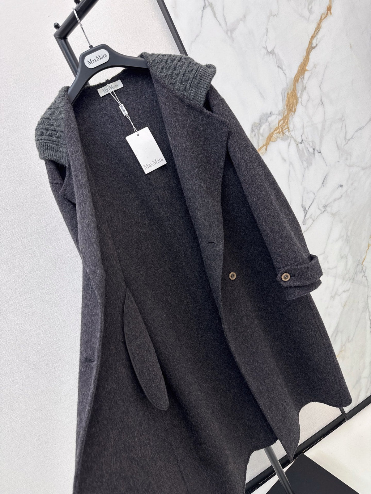 26 Fall/Winter New Knit Patchwork Mid-Length Hooded Wool Double-Faced Coat