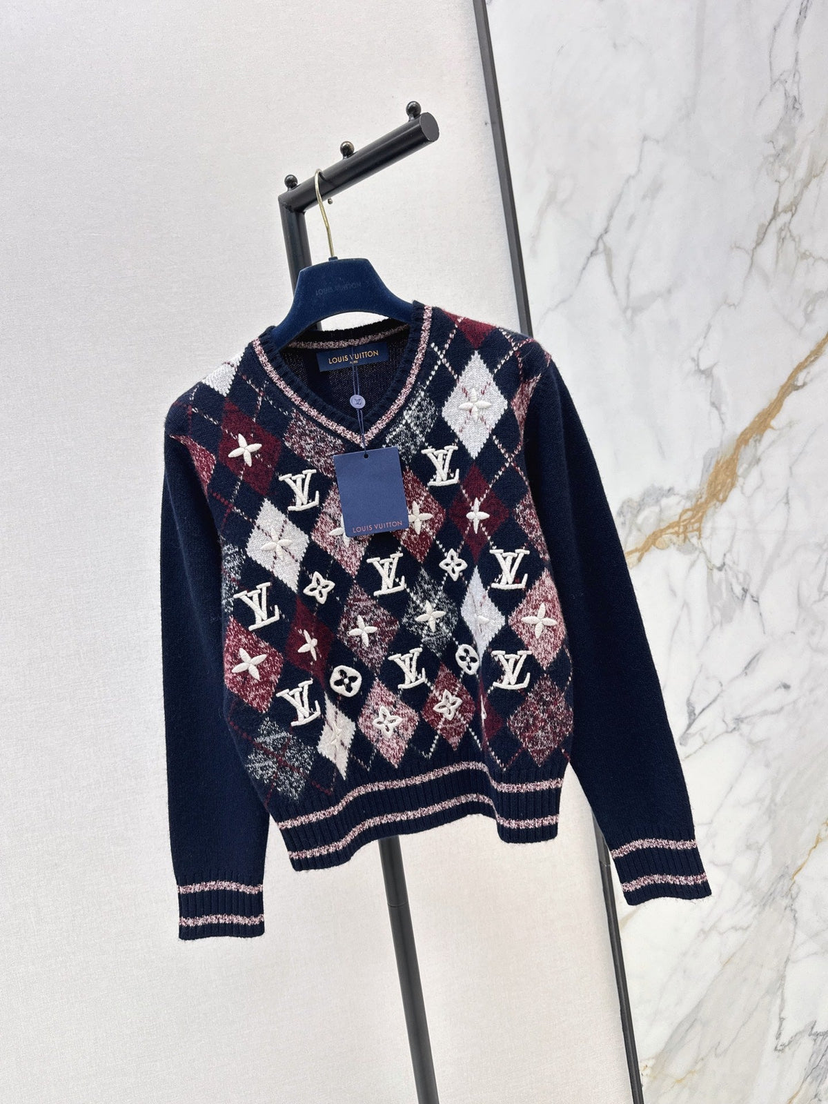 26Latest Autumn/Winter Jacquard Sweater: Intricate 3D Embroidered Logo & Color-Block Diamond Pattern