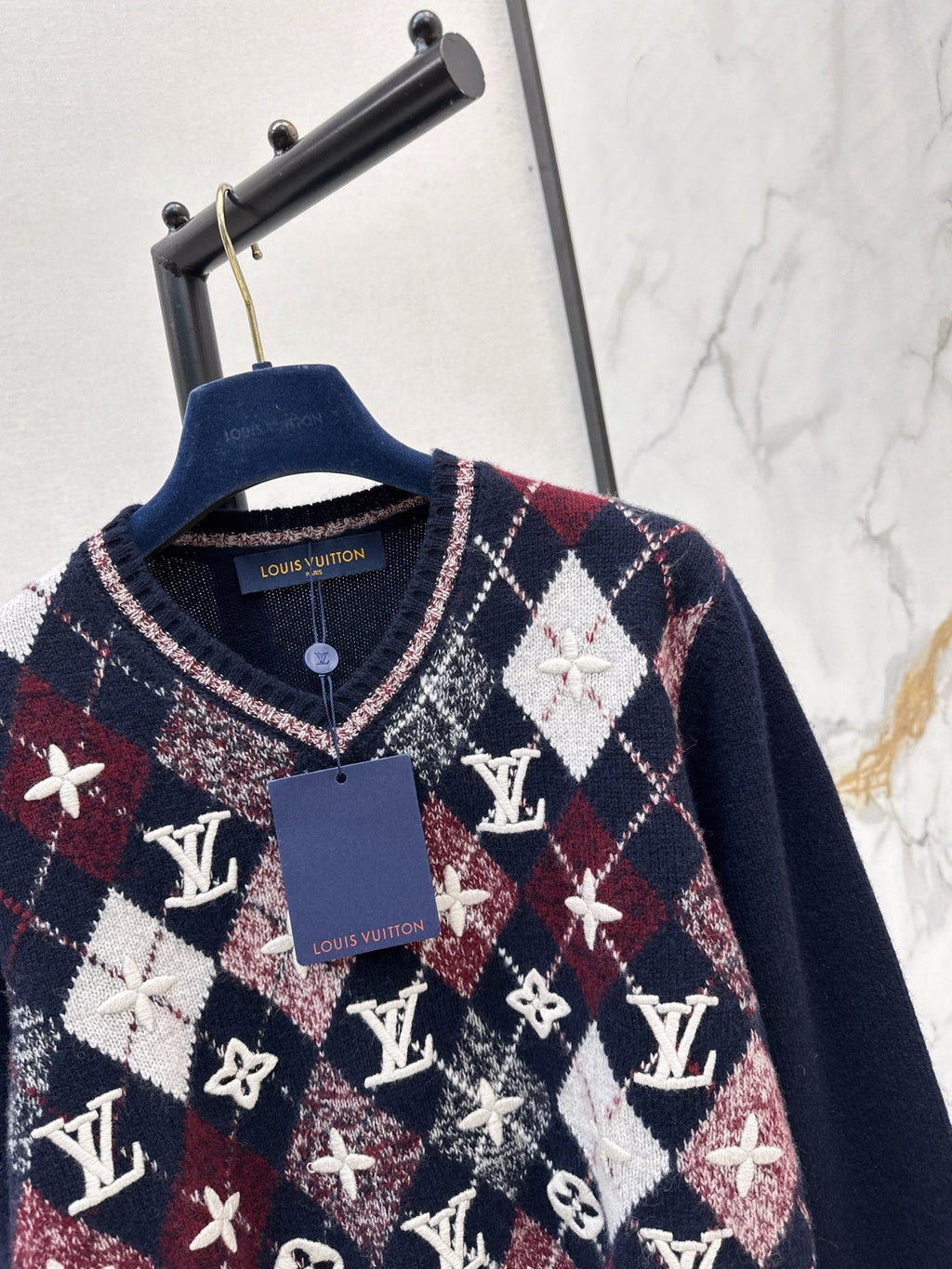 26Latest Autumn/Winter Jacquard Sweater: Intricate 3D Embroidered Logo & Color-Block Diamond Pattern