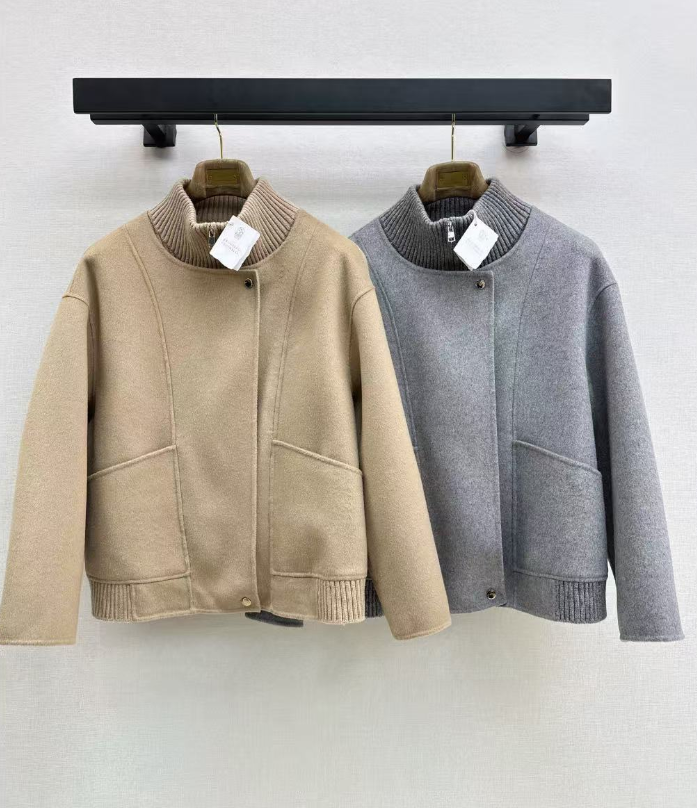 26Latest Autumn/Winter Double-Faced Wool Coat with Ribbed Knit Stand Collar
