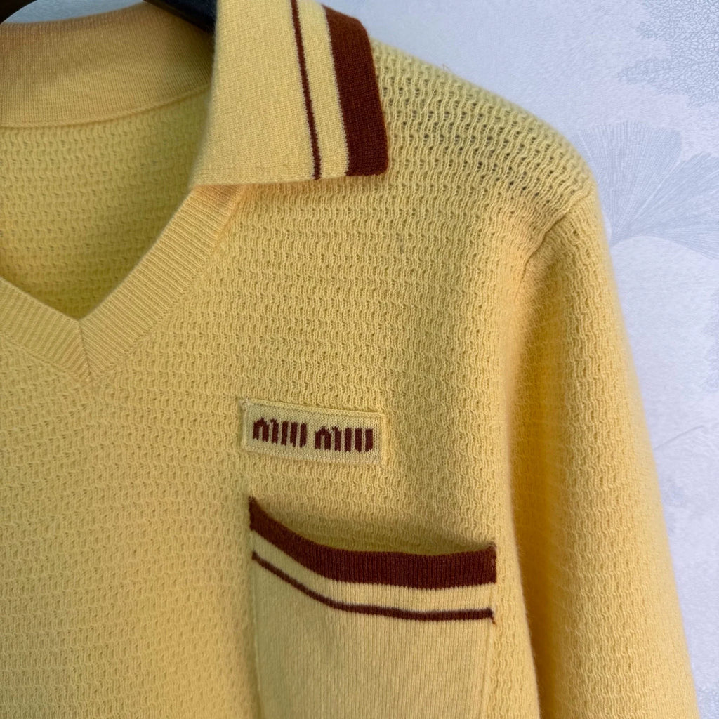 MiuMiu/26 Early Autumn New Color-Block Polo Collar Openwork Knit Top