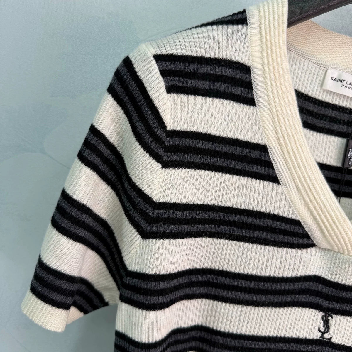Yves Saint Laurent/26SS New Striped V-Neck Short-Sleeve Knit Top