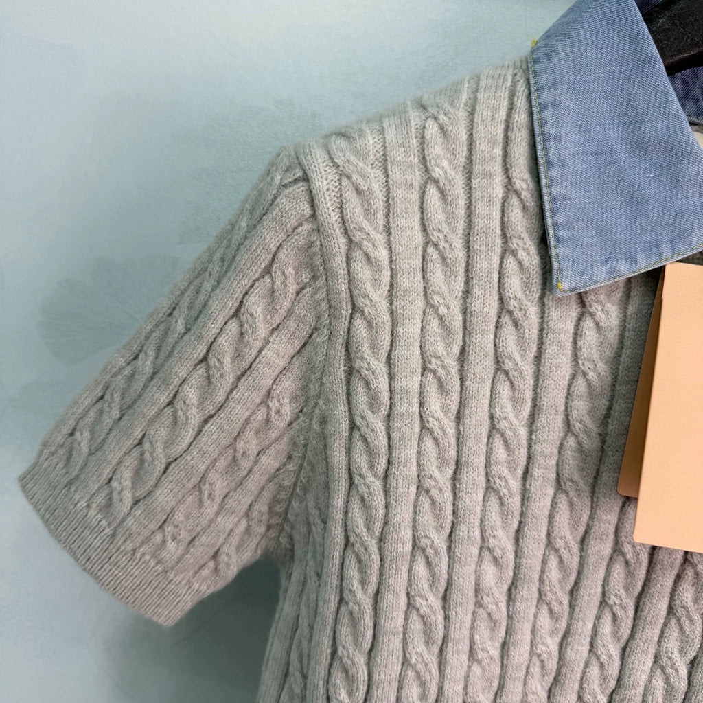Miu Miu / Denim Patchwork Cable Knit Short Sleeve